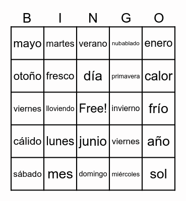 Unidad 2B: Calendario Bingo Card