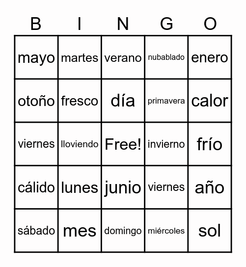 Unidad 2B: Calendario Bingo Card