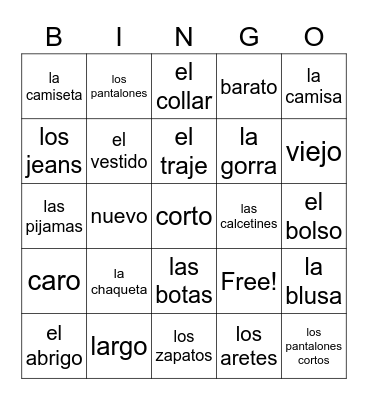Spanish Clothes Bingo Card