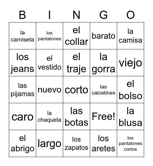 Spanish Clothes Bingo Card