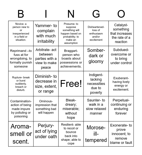 Vocabulary #2 Bingo Card