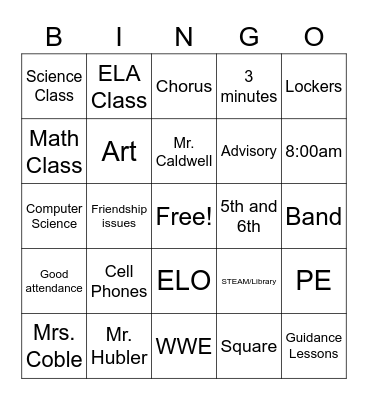 Middle School Bingo Card