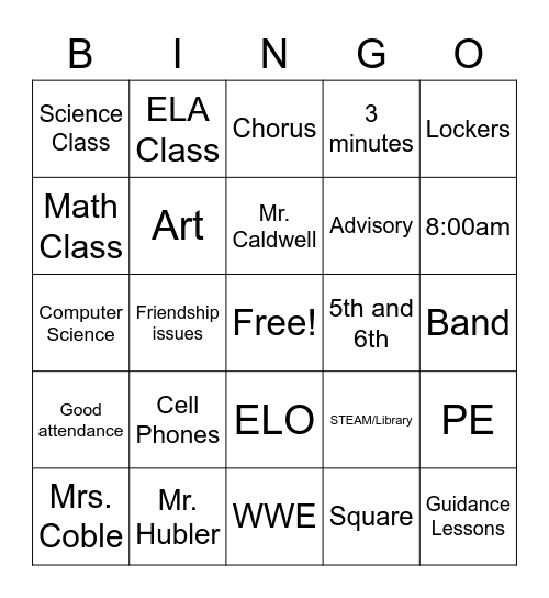 Middle School Bingo Card