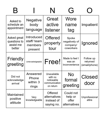 Customer Service BINGO Card