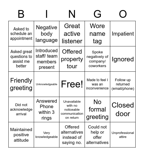 Customer Service BINGO Card