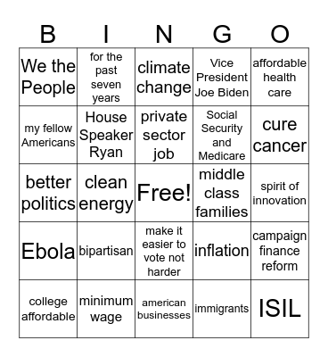 State of the Union 2016 Bingo Card
