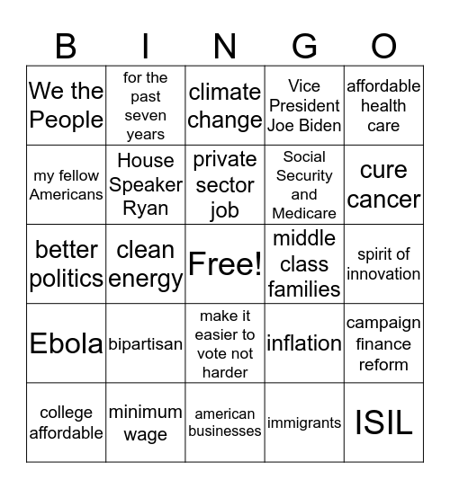 State of the Union 2016 Bingo Card