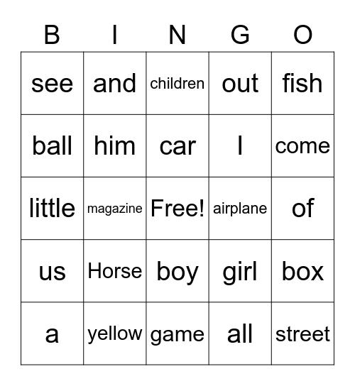 Edmark Words Bingo Card