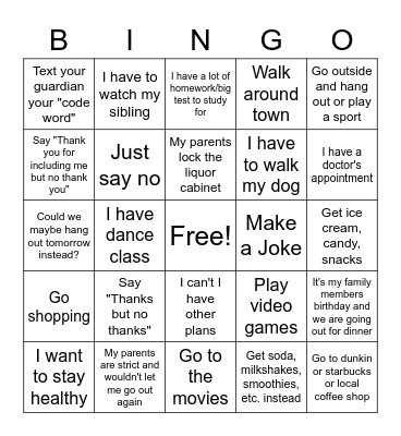 Refusal Skills Bingo Card