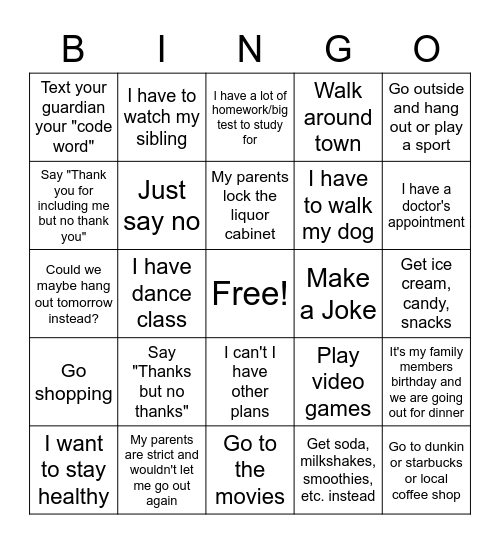 Refusal Skills Bingo Card