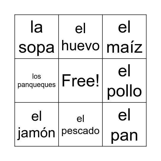 La comida Bingo Card