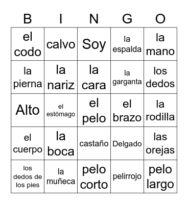 2nd grade el cuerpo Bingo Card