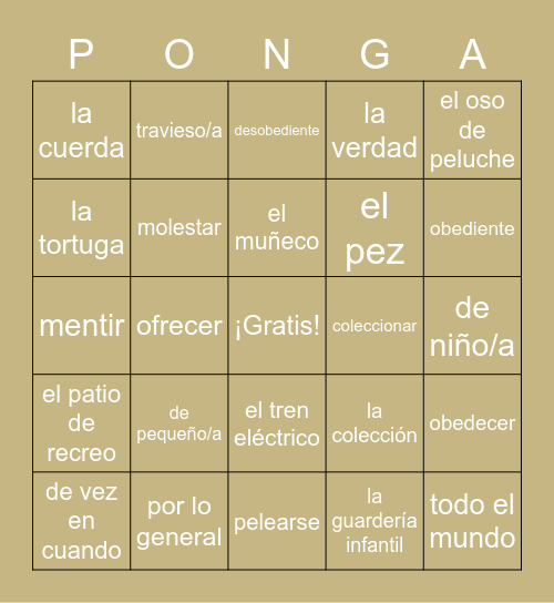 Cuando éramos niños: vocabulario Bingo Card