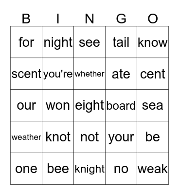 Homophone Bingo Card