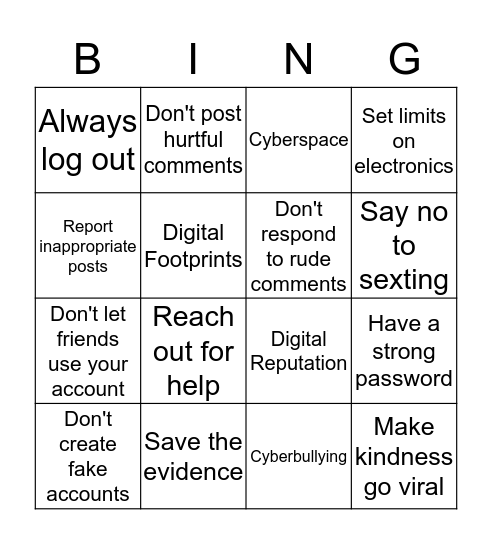 Cyberbullying Bingo Card