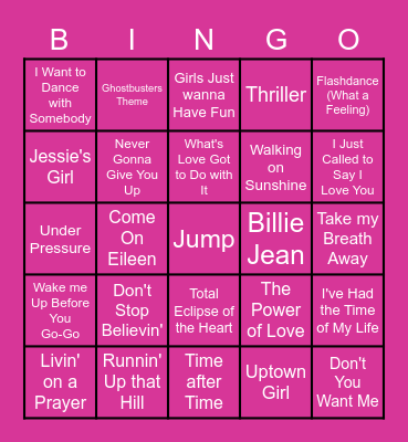 80s Music Bingo Card