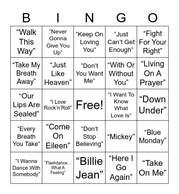 80s Music Bingo Card