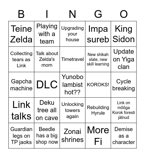 Tears of the Kingdom BINGO Card