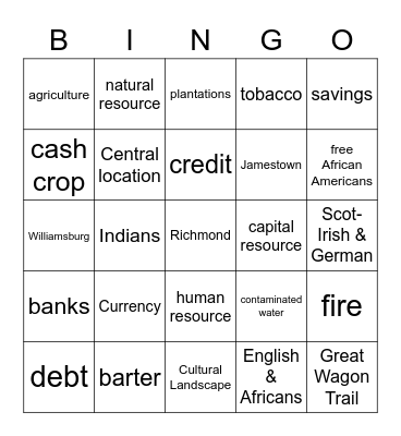 Colonial Virginia Bingo Card