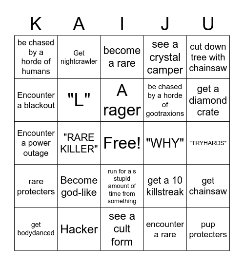 Kaiju paradise RULES: 1 No doing these on purpose Bingo Card