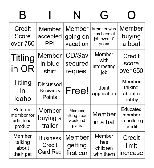 Virtual Lending Bingo Card