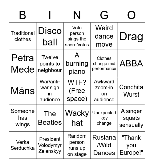 Eurovision Song Contest 2023 Bingo Card