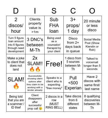 Mon-Thurs Disco Bingo Card