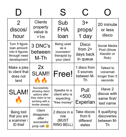 Mon-Thurs Disco Bingo Card