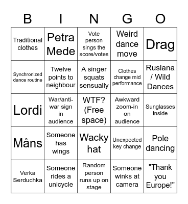 Eurovision Song Contest 2023 Bingo Card