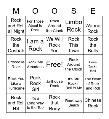 Songs With the Word Rock Bingo Card