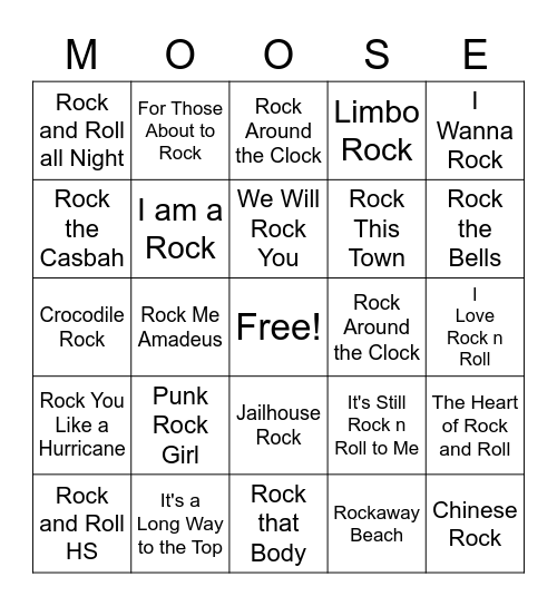 Songs With the Word Rock Bingo Card