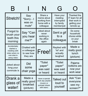 Remote Work Bingo Card