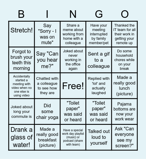 Remote Work Bingo Card
