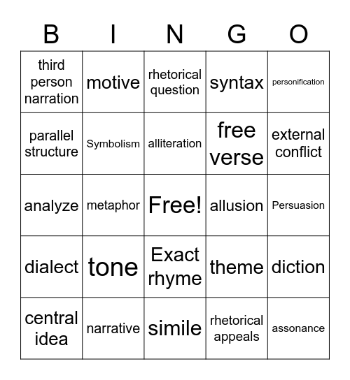 English III Vocabulary Review Bingo Card