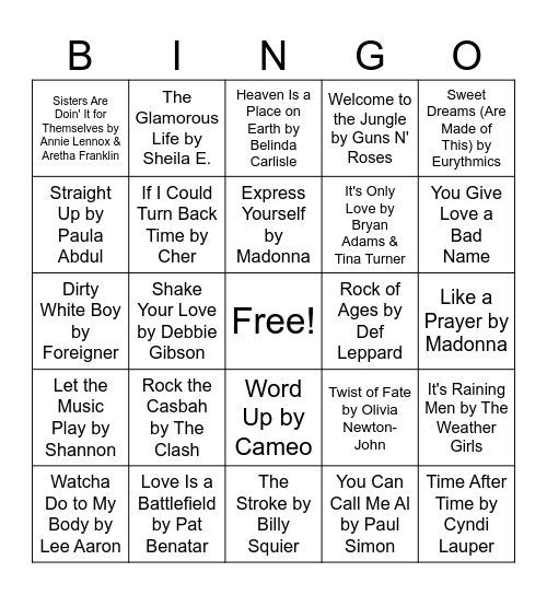 Music Bingo - 80's Hits Bingo Card