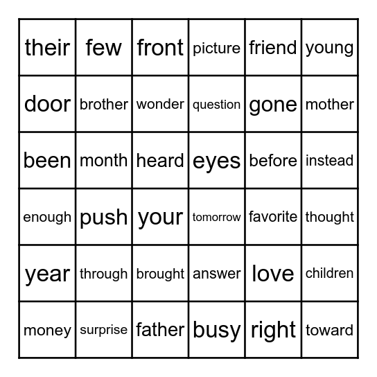 High-Frequency Words Bingo Unit 6 Bingo Card