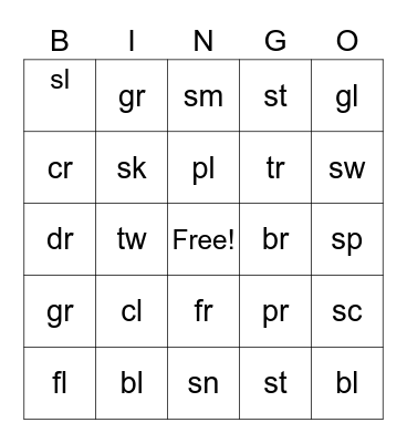 Consonant Blends Bingo Card