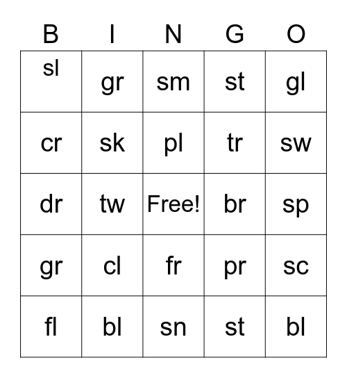 Consonant Blends Bingo Card