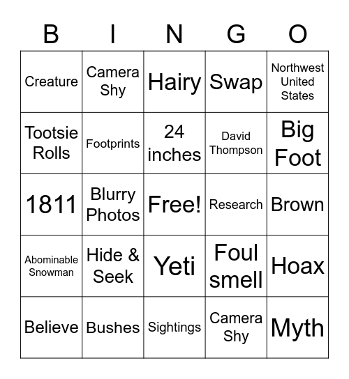 Sasquatch Bingo Card