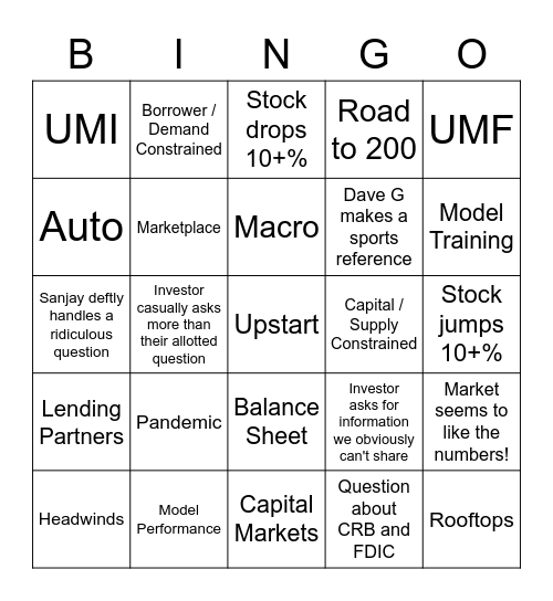 Earnings Call Bingo Card