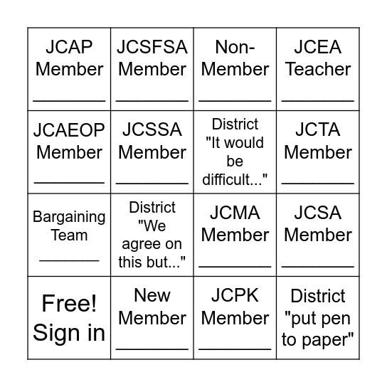 JESPA Bargaining Bingo Card