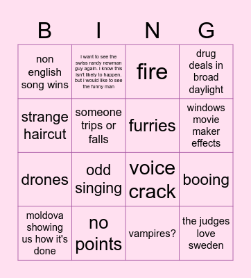 eurovision Bingo Card