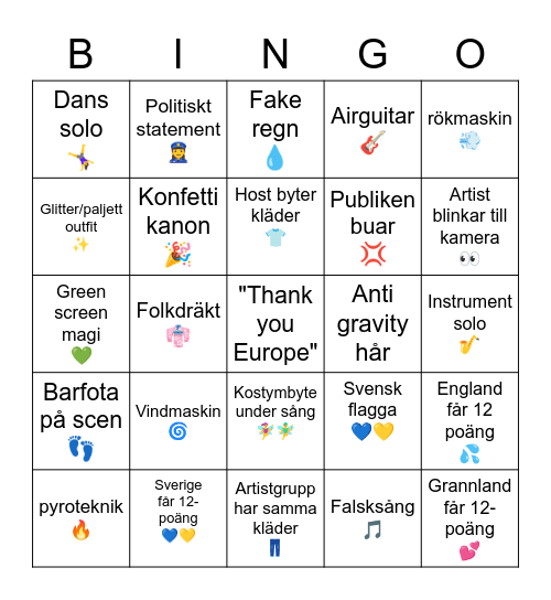 Eurovision 2023 - Svenska Bingo Card