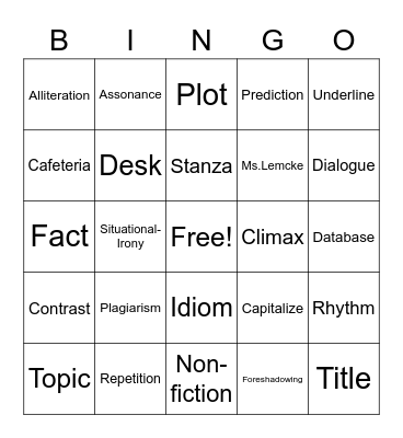 Language Arts Bingo Card