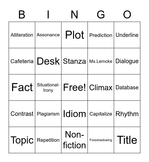 Language Arts Bingo Card
