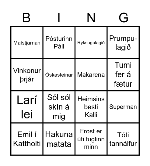 Íslensk krakkalög Bingo Card