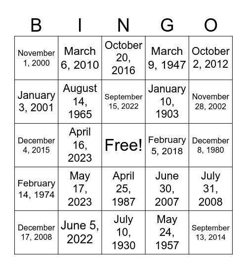 Month, Day, Year Bingo Card