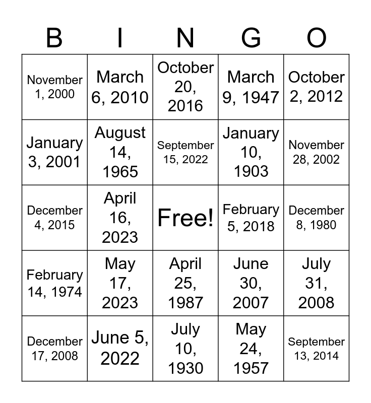 Month Day Year Bingo Card