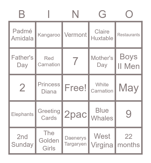 Mother's Day Bingo Card