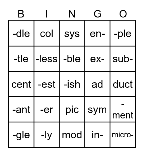 Challenge Sight Syllables #1-10 Bingo Card